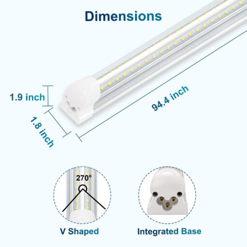SZSKYING (6 Pack 8FT LED Shop Light,T8 Integrated LED Lights Daylight White,72W 7200LM 6500K,High Output Clear Cover,V Shape 8' LED Bulb Fixtures Linkable,8 Foot LED Shop Lights for Workshop. - Image 5