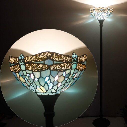 WERFACTORY Tiffany Floor Lamp Sea Blue Stained Glass Dragonfly Light 12X12X66 Inches Pole Torchiere Standing Corner Torch Uplight Decor Bedroom Living Room Home Office S147 Series - Image 7