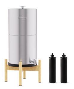 iSpring DGF2-NW Gravity-Fed Stainless Steel Countertop Water Filter System with Natural Wood Base,with 2 Activated Carbon Water Filters,Chlorine Reduction,Portable Water Filter for Home and Party