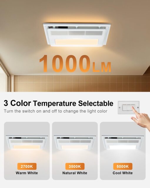 GROWNEER Bathroom Exhaust Fan with Heater, 110 CFM 1.5 Sone Exhaust Fan with Light, 35W Bathroom Fan with LED Light 2700K/3500K/5000K Adjustable, White (3-Color Adjustable) - Image 7