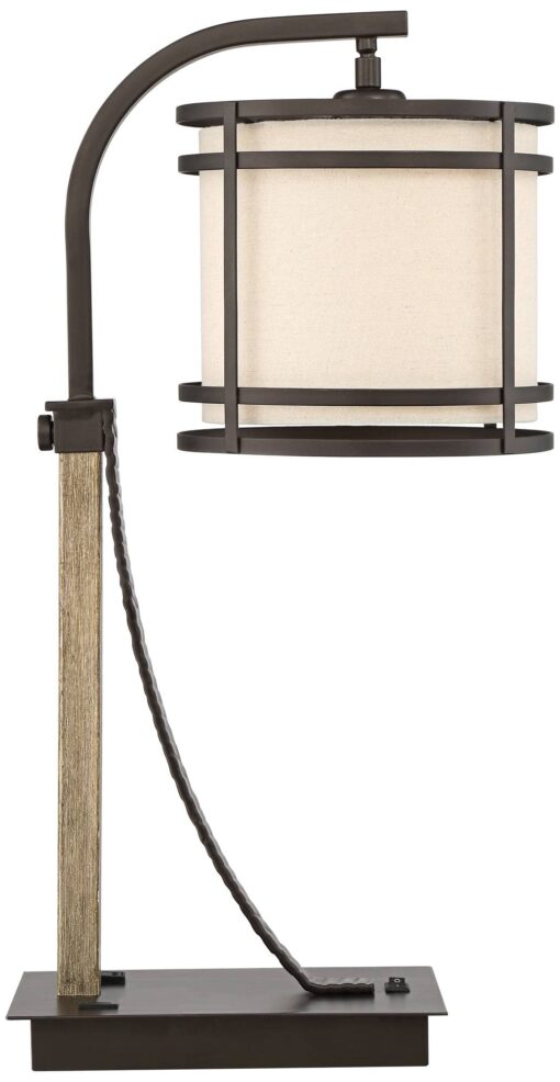 Franklin Iron Works Gentry Industrial Desk Table Lamp 22" High with USB and AC Power Outlet in Base Oil Rubbed Bronze Faux Wood Metal Cage Oatmeal Drum Shade for Bedroom Living Room House Desk - Image 2