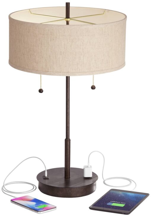 360 Lighting Nikola Modern Accent Table Lamps 23.5" High Set of 2 with Hotel Style USB and AC Power Outlet in Base Bronze Slim Fabric Drum Shade for Living Room Desk Bedroom House Bedside - Image 8
