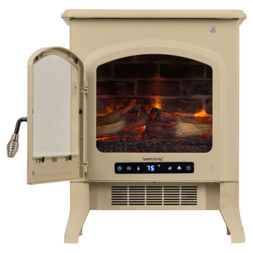 Country Living 18 Inch Infrared Freestanding Electric Fireplace Stove Heater in Cream | Provides Supplemental Zone Heat with Remote Control | Adjustable Flame Colors, Speeds, Brightness | Metal Body - Image 2