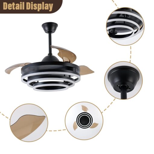 Zenouidle 42" Retractable Ceiling Fan Modern Ceiling Fans with Lights and Remote, Silent DC Motor,3 Color 6 Speed 3 Round Rings Chandelier Ceiling Fan with Lights for Bedroom Living Room(Black) - Image 4