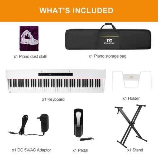 MUSTAR Digital Piano 88 Key Weighted with Stand, 88 Key Semi Weighted Keyboard Piano MEP-1000, Portable Electric Piano Keyboard 88 Keys with Bluetooth Connection, Case, Sustain Pedal, MDF, White - Image 2