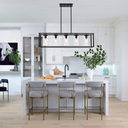VINLUZ Farmhouse Chandeliers Rectangle Black 5 Light Dining Room Lighting Fixtures Hanging, Kitchen Island Cage Pendant Lights Contemporary Modern Ceiling Light with Glass Shade Adjustable Rods - Image 2