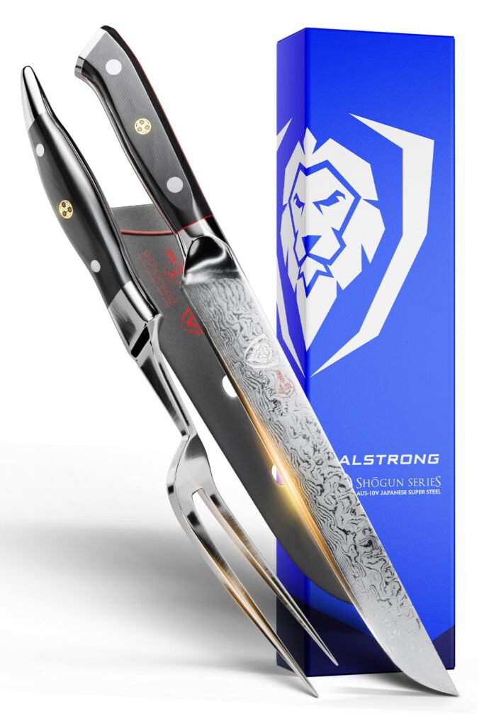 DALSTRONG Carving Knife & Fork Set - 9 inch - Shogun Series ELITE - Damascus Carving Set - Japanese AUS-10V Super Steel Kitchen Knife - BBQ Set - Sheath Included