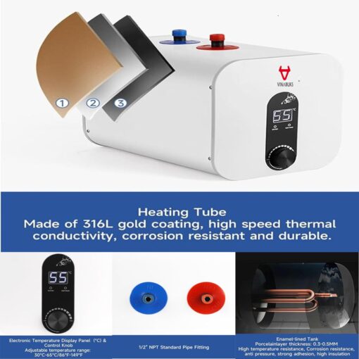 VINABUKS Electric Water Heater Smart 3.3 Gallon Point of Use Hot Water Heaters 120V US Safty Plug Boiler Wash Under Sink (15L) - Image 6