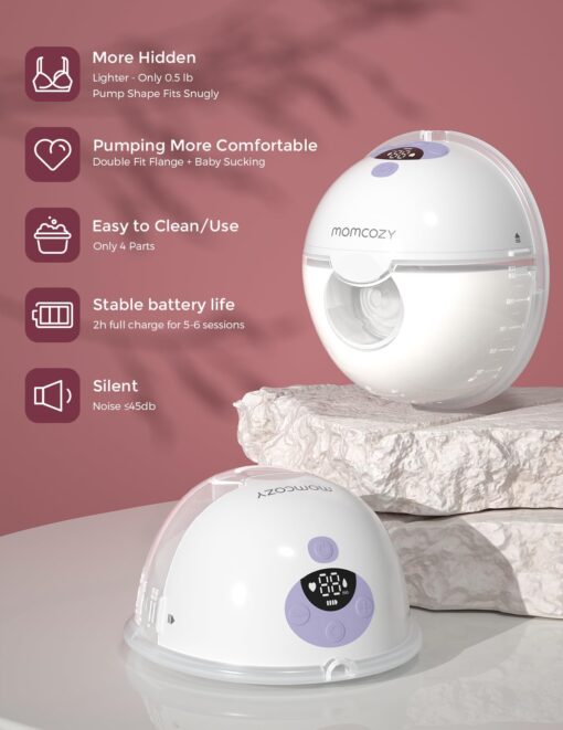 Momcozy M5 Hands-Free Wearable Breast Pump, Double-Sealed Flange for Baby-Like Comfort, 3 Modes & 9 Suction Levels, Portable Electric Pump – 24mm, 2 Pack Lilac - Image 9