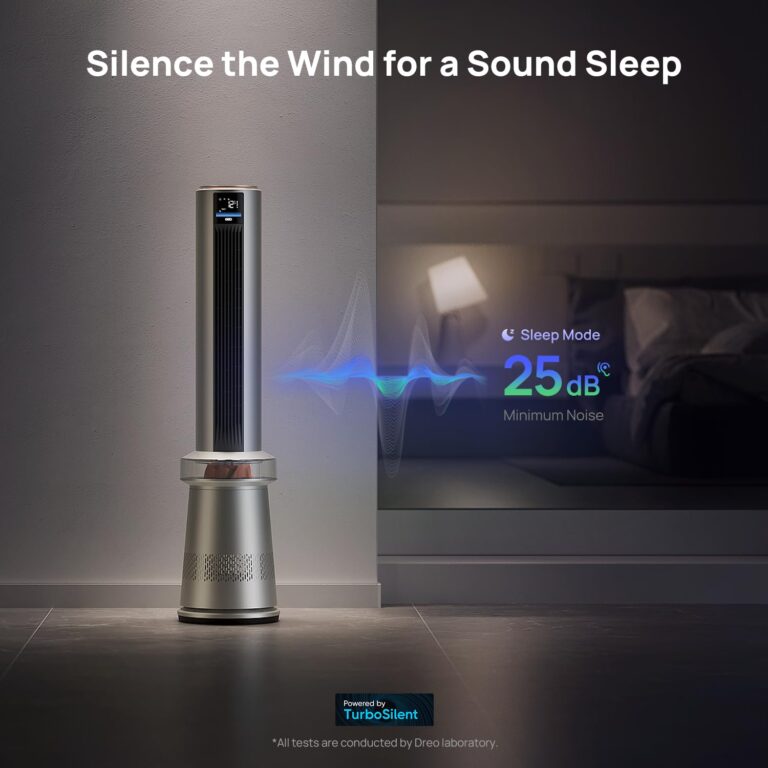 Dreo Air Purifier Tower Fan, 45" 2-in-1 Smart Fan for Bedroom, 27ft/s Velocity, 120°Oscillation, 24H Timer Bladeless Fans for Home, 25dB Low Noise, Standing Fan Works with Alexa, MC710S, Silver Orange - Image 2
