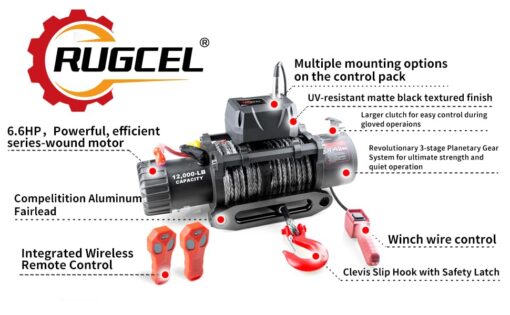 RUGCEL WINCH 12000lb 12V Truck Waterproof Electric Black Synthetic Rope Electric Winch with Hawse Fairlead,Wired Handle,2 Wireless Remote Control,Jeep Trailer Winch - Image 2