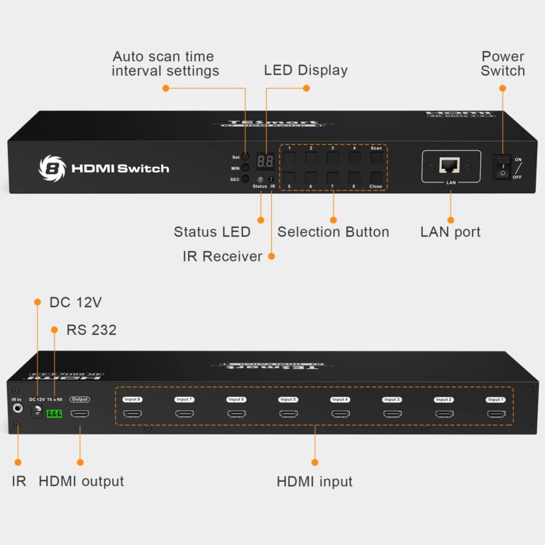 TESmart 8×1 HDMI Switch 8 in 1 Out 4K @ 60Hz HDCP with 19-inch Rack-Ears | RS-232 / LAN Control | IR Remote Control and Auto Switch | Auto Scan Time Interval - Black - Image 9