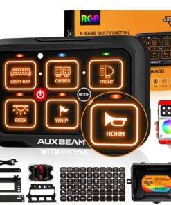 Auxbeam 6 Gang Switch Panel Bluetooth RGB AR-600 with Toggle Momentary Pulsed Modes Multifunctional Switch pod with Manual and Automatic Backlit Control Boat Switch Panel for Truck Car ATV Waterproof