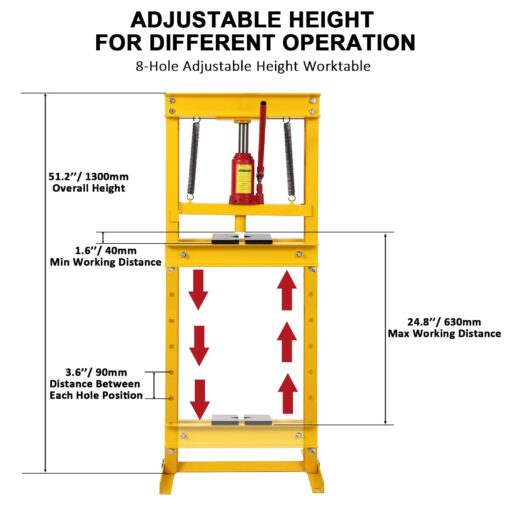 12 Ton Shop Press H Frame Press, 12 Ton Hydraulic Press H Frame Garage Floor Press with Plate, Adjustable Working Table Height Hydraulic Shop Floor Press for Gears and Bearings - Image 7