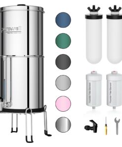 Purewell 8-Stage Gravity Fed Water Filter System, 2.25 Gallon Stainless Steel Countertop System with 4 Filters, Metal Water Level Spigot and Stand, Reduce Fluoride and Chlorine, PW-OBT-CF