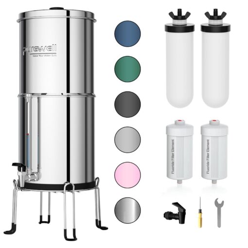 Purewell 8-Stage Gravity Fed Water Filter System, 2.25 Gallon Stainless Steel Countertop System with 4 Filters, Metal Water Level Spigot and Stand, Reduce Fluoride and Chlorine, PW-OBT-CF