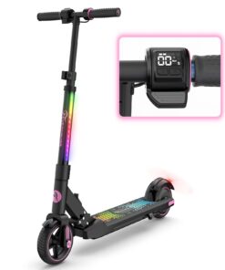 EVERCROSS EV06C Foldable Electric Scooter for Kids Ages 6-12, Up to 9.3 MPH & 5 Miles, LED Display, Colorful LED Lights, Lightweight (Black Pink)