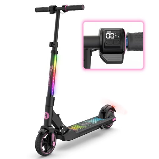 EVERCROSS EV06C Foldable Electric Scooter for Kids Ages 6-12, Up to 9.3 MPH & 5 Miles, LED Display, Colorful LED Lights, Lightweight (Black Pink)