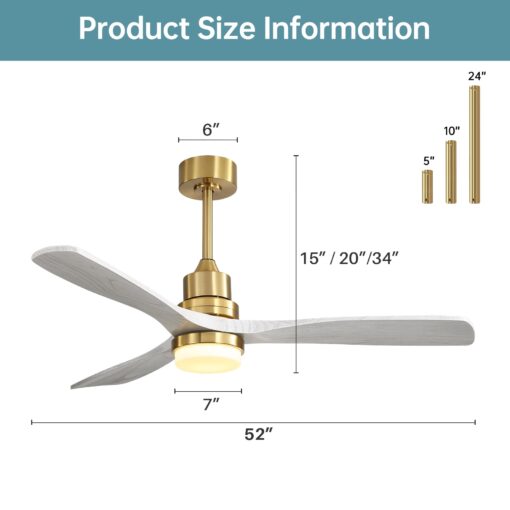 Sofucor Low Profile Ceiling Fan With Lights Remote Control 52 Inch Flush Mount Ceiling Fan Modern Wood Blade Fan For Bedroom Living Room Indoor Outdoor Farmhouse Patio, Grey Gold - Image 7