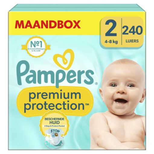 Pampers Premium Protection, Size 2, 240 Nappies, 4-8 kg, Double Protection for Skin and Leaks with Stop & Protect Pocket to Help Capture Leaks, Pack 1 Month