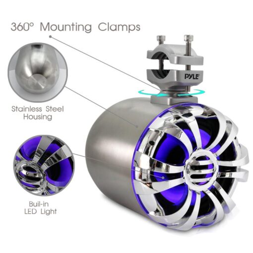 Pyle Marine Speakers - 5.25 Inch Waterproof IP44 Rated Wakeboard Tower and Weather Resistant Outdoor Audio Stereo Sound System with Built-in LED Lights - 1 Pair in Silver (PLMRWB50L) - Image 6