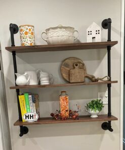 Industrial Pipe Wall Shelves with Real Wood Plank ,36 Inches Floating Shelves for Wall Farmhouse Book Shelves Dark Brown 3 Tier for Kitchen,Living Room Decor and Bar Shelving