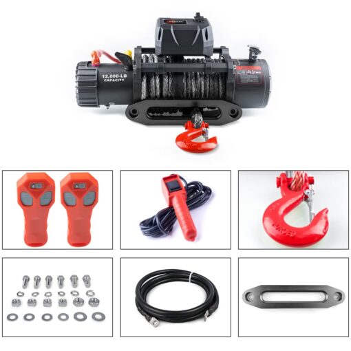 RUGCEL WINCH 12000lb 12V Truck Waterproof Electric Black Synthetic Rope Electric Winch with Hawse Fairlead,Wired Handle,2 Wireless Remote Control,Jeep Trailer Winch - Image 7