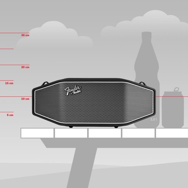 Fender x Teufel ROCKSTER CROSS Portable Wireless Bluetooth Speaker – Rugged, Waterproof, 16 Hours of Battery, Powerful Stereo Sound, Subwoofer, Built-in Power Bank, Fender Guitar Strap (Black & Steel) - Image 8