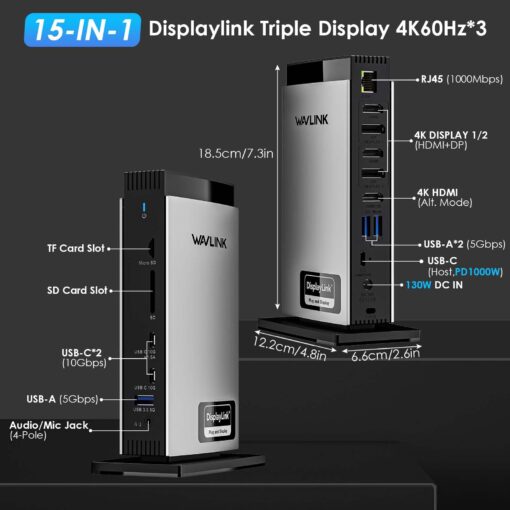WAVLINK USB C DisplayLink Docking Station 15 in 1 with 3 HDMI,Laptop Docking Station Triple Monitor 4K60Hz,for M1 M2 M3 Mac and Windows,5 USB Ports, 2DP,Ethernet Port, Audio/Mic, SD/TF - Image 6