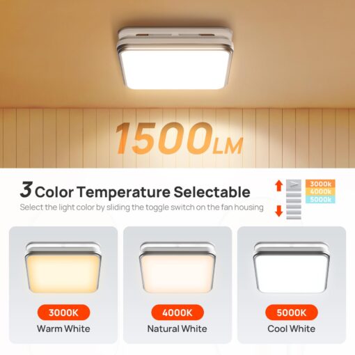 Consciot Bathroom Exhaust Fan with Light, 110/160 CFM Adjustable, 1.0 Sone, suitable for square mounting hole 11.39 x 10.42 inches, 1500lm LED Light 3000K/4000K/5000K Selectable & 2700K Nightlight - Image 6