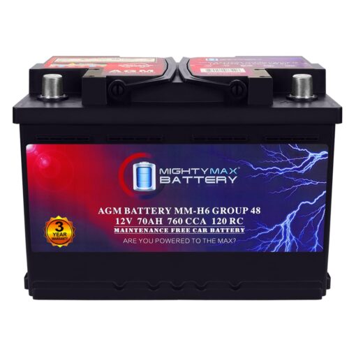 Mighty Max Battery MM-H6 Start and Stop Car BCI Group Size 48 12V 70 AH, 120RC, 760 CCA Rechargeable AGM Car Battery