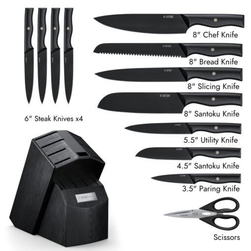 Yatoshi 13 Piece Knife Block - Onyx Black Titanium Nitride Coating- Ultra Sharp High Carbon Stainless Steel - Black Pakkawood Ergonomic Handle - Image 9