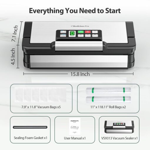 Beelicious Pro 90Kpa Powerful Vacuum Sealer, with 10-in-1 Functions,Double Seal & Double Pump,Built-in Cutter&Hose,Handle-Ease Design, Vacuum Sealer Machine for Food with Bags Storage, Stainless Steel - Image 2
