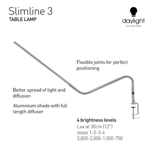 Daylight Company, LLC U35108 Slimline 3 Table Lamp-LED-80 CRI-Eye Care-4 Brightness Levels, 3,000 LUX at 30 cm, 1,065 LUMENS-4 Step DIMMER Mode, Brushed Steel, 25.6 x 30 x .8 - Image 4