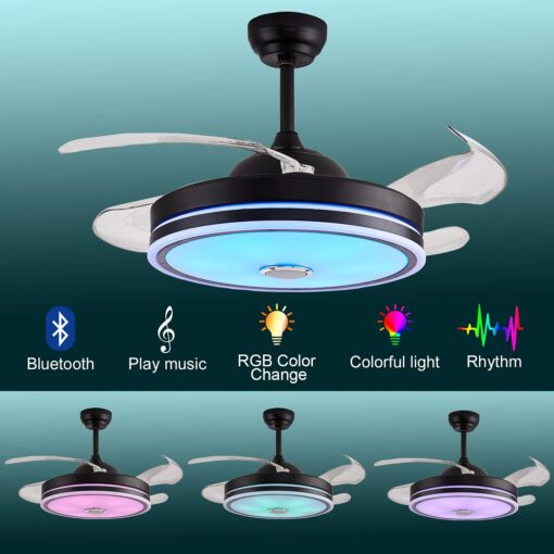 Defloorlight Black 48" Ceiling Fan with Light, Fandelier, Invisible Chandelier, Bluetooth Speaker, RGB Color Changing Remote Control for Living Room/Bedroom, Music, Modern Design - Image 7