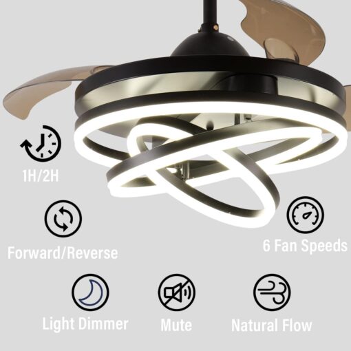 Zenouidle 42" Retractable Ceiling Fan Modern Ceiling Fans with Lights and Remote, Silent DC Motor,3 Color 6 Speed 3 Round Rings Chandelier Ceiling Fan with Lights for Bedroom Living Room(Black) - Image 5