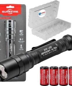 SureFire E2D Defender Ultra (E2DLU-A) 1000 Lumens Dual-Output Tactical Flashlight LED - Bundle with 4 Extra CR123A Batteries and Battery Case - Tailcap Click Switch Light, EDC Defense Flashlights