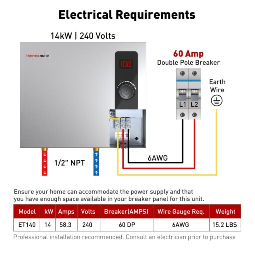 Tankless Water Heater Electric, thermomate 14kW at 240 Volt, On Demand Instant Hot Water Heater for Shower, Self-Modulating Save Energy, Save Space, 2.66GPM at 35°F Rise ET140 - Image 2