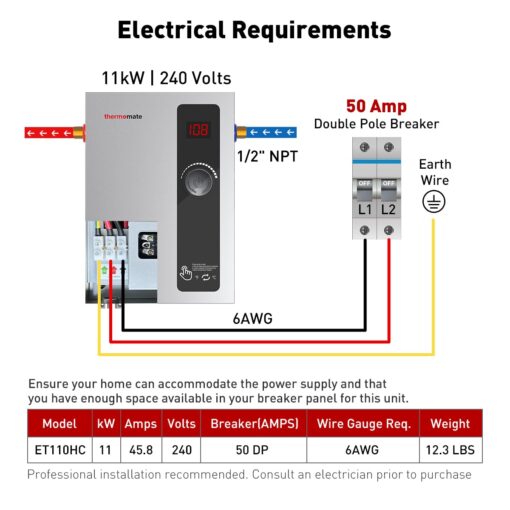 ThermoMate Tankless Water Heater Electric, 11kW at 240 Volt, On Demand Instant Hot Water Heater for Point of Use, Self-Modulating Save Energy, Save Space, 2.15GPM at 35°F Rise - Image 8