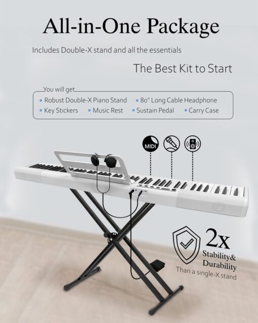 Longeye Piano Keyboard 88 Keys Compact Portable Digital Piano for Beginners with Semi-Weighted Full-Size Keys, Stand, Headphones, Sustain Pedal, Carrying Case, White - Image 9