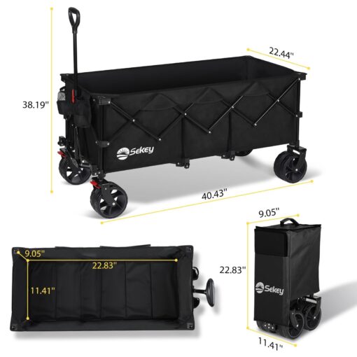 Sekey 48''L Collapsible Foldable Extended Wagon with 440lbs Weight Capacity, Heavy Duty 300L Folding Utility Garden Cart with Big All-Terrain Beach Wheels & Drink Holders. Black - Image 3