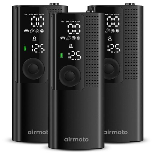 Airmoto Tire Inflator Portable Air Compressor - 3pack - Air Pump for Car Tires with Digital Pressure Gauge, LED Light and Auto Shut-Off Function - Cordless Pump for Car, Motorcycle, Bicycle, Balls