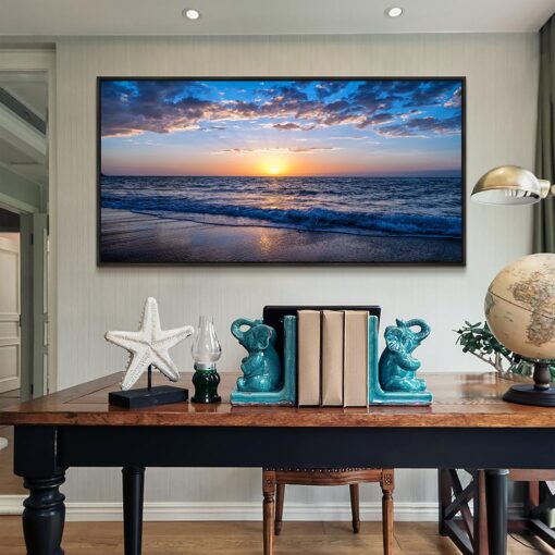 Blue Ocean Framed Wall Decor Living Room Large Size Canvas Wall Art For Bedroom Boho Home Decor Sea Beach Canvas Pictures Artwork Sunny Sea View Painting Office Wall Decorations Black Framed 30" X 60" - Image 3