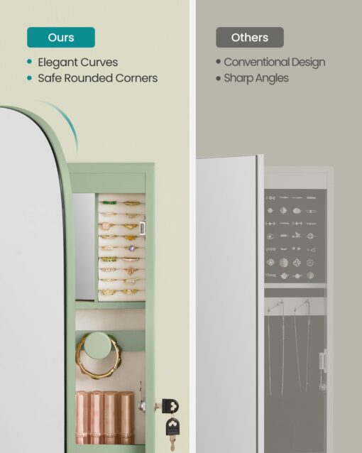 SONGMICS Jewelry Organizer, LED Jewelry Cabinet Wall or Door Mounted, Lockable Rounded Wide Mirror with Storage, Interior Mirror, 3.9 x 16.5 x 42.5 Inches, Laurel Green Surface with Cream White Lining - Image 6