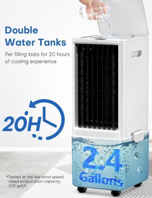 COOLECH Portable Air Conditioners w/Remote, 4 Modes & 3 Speeds, Waterless Alert System & 2.4-Gal Tank for 20H Cooling, 12H Timer for Auto Off, 3-IN-1 Evaporative Air Cooler for Room Bedroom Office - Image 6