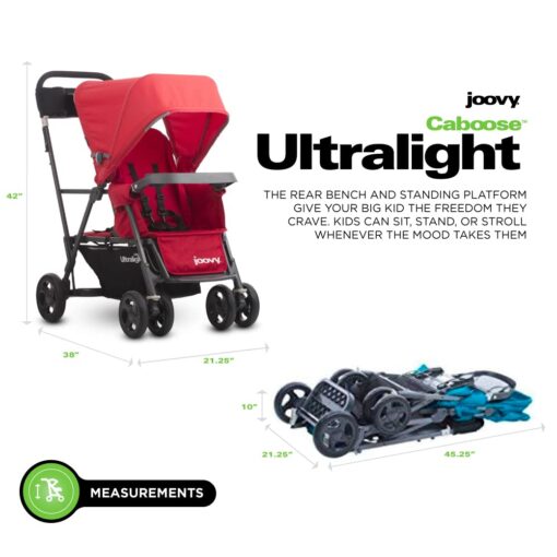 Joovy Caboose Ultralight Sit and Stand Double Stroller with Rear Bench and Standing Platform, 3-Way Reclining Seats, Optional Rear Seat, and Universal Car Seat Adapter (Red) - Image 2