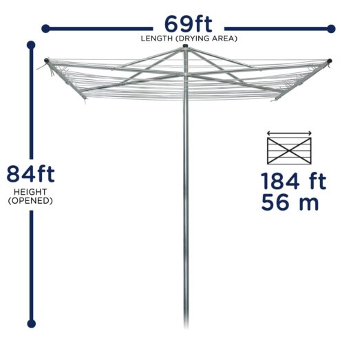 Strata 184 FT Umbrella Clothesline Outdoor - Clothes Line Outdoors Heavy Duty Parallel Silver Aluminum Frame with Ground Spike & Socket - Clotheslines for Outside Laundry Drying, Washing Line - Image 2
