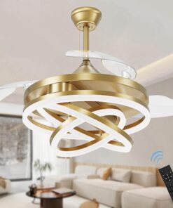 TXCSLY Retractable Ceiling Fan, 42 Inch Chandelier Ceiling Fan with Light, Modern Fandelier Ceiling Fan for Bedroom Living Room Dinning Room, Reverse Motor, 3 Color, 6 Wind Speed, Gold
