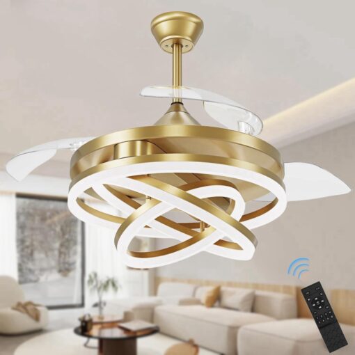 TXCSLY Retractable Ceiling Fan, 42 Inch Chandelier Ceiling Fan with Light, Modern Fandelier Ceiling Fan for Bedroom Living Room Dinning Room, Reverse Motor, 3 Color, 6 Wind Speed, Gold