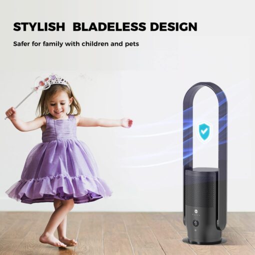 ULTTY Bladeless Tower Fan with HEPA Filter, 90° Oscillating Tower Fan, Remote Control, Touch, 8H Timer, 9 Speeds, Powerful Floor Fan for Bedroom Room Home Office, CR022, Black - Image 4